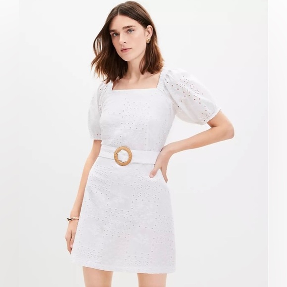 LOFT Dresses & Skirts - Loft White Eyelet Belted Square Neck Puffy Sleeve Mini Dress - 6